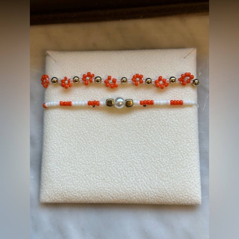 2 Handmade Flower bead Bracelets (Organge)